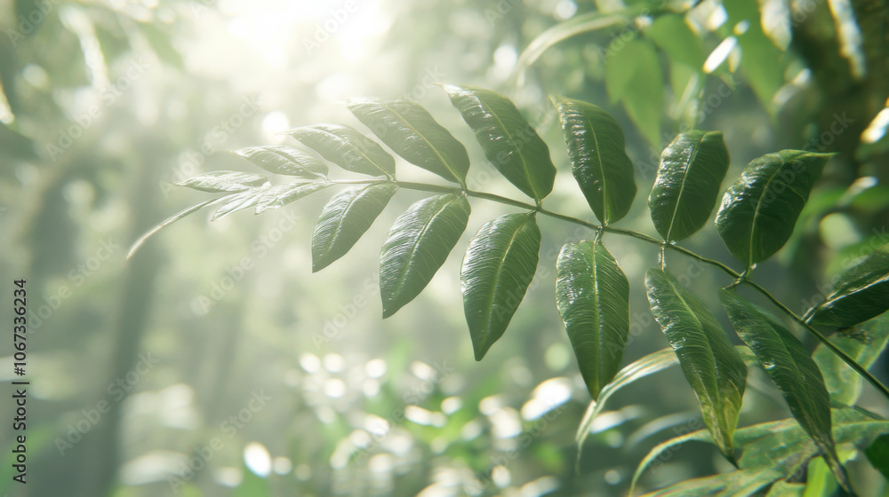 Obraz premium Palm leaves with sunlight and bokeh effect, creating a natural green background