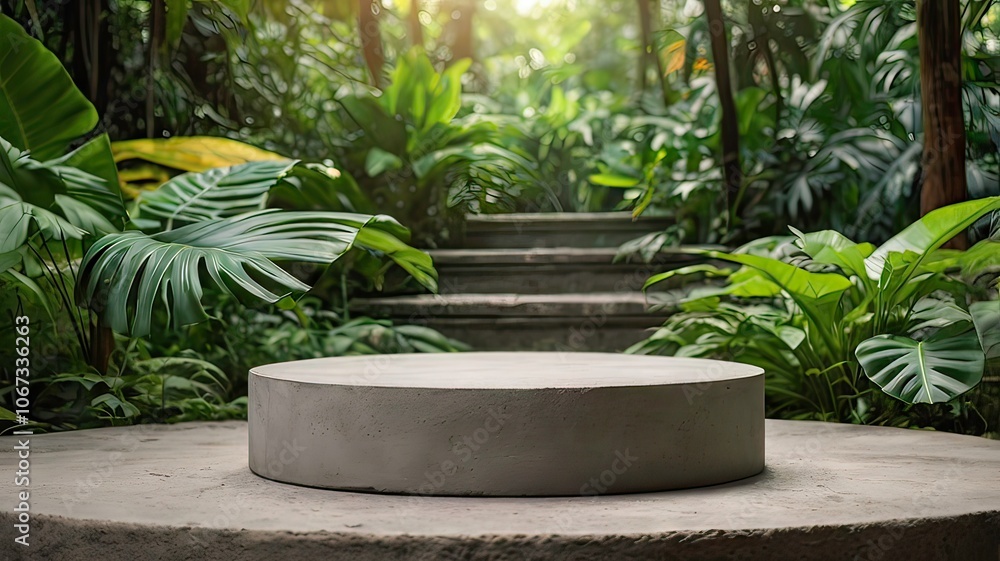 Natural stone and concrete podium in Natural green background for Empty show for packaging product presentation. Background for cosmetic products, the scene with green leaves. Mock up the pedestal. Natural stone and concrete podium in Natural green background for Empty show for packaging product presentation. Background for cosmetic products, the scene with green leaves. Mock up the pedestal.