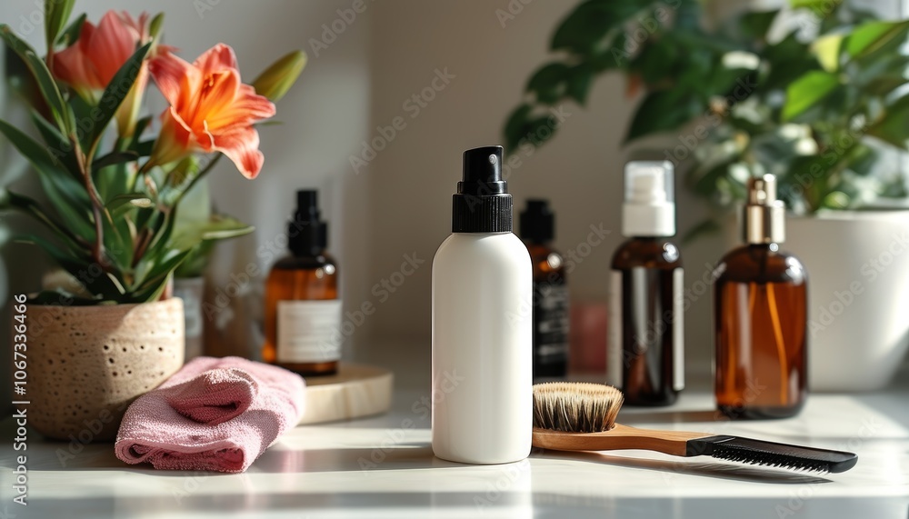 A minimalistic vanity setup featuring a biotin spray bottle, brush, flowers, and skincare essentials, highlighting a natural beauty routine. A minimalistic vanity setup featuring a biotin spray bottle, brush, flowers, and skincare essentials, highlighting a natural beauty routine.