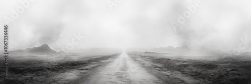 Mysterious Road Through Fog, a long straight path vanishes into thick fog, distant hills faintly visible, evoking a sense of adventure and uncertainty