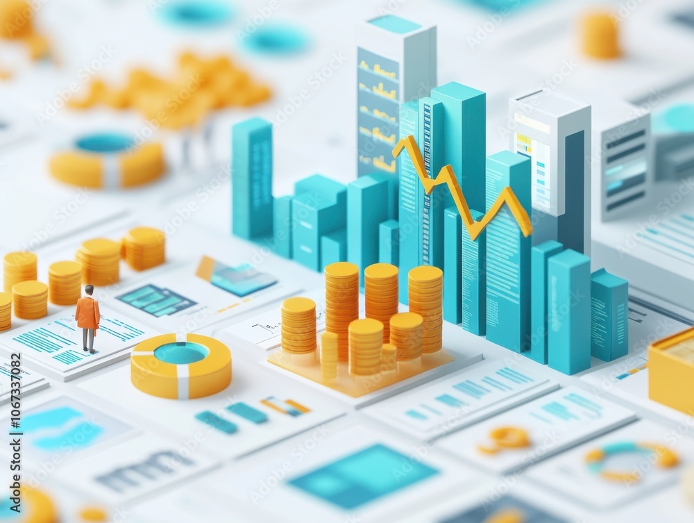 A vibrant 3D business analytics visualization with graphs and data charts showcasing market trends and financial growth. A vibrant 3D business analytics visualization with graphs and data charts showcasing market trends and financial growth.