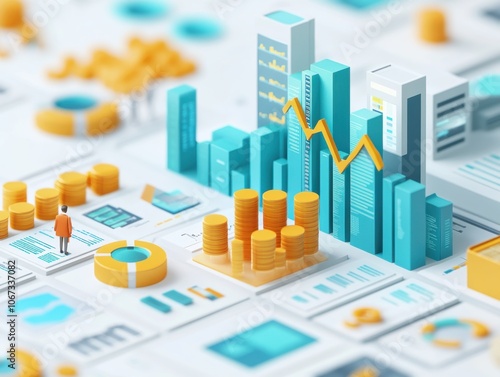 A vibrant 3D business analytics visualization with graphs and data charts showcasing market trends and financial growth.