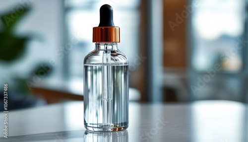 A clear glass bottle with dropper cap, containing a transparent serum, illuminated by natural light, ideal for skincare and wellness visuals.