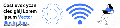 Gear icon, wireless symbol, and woman using laptop, emphasizing technology, engineering, connectivity. Ideal for tech, networking, online learning, freelance, digital transformation remote work