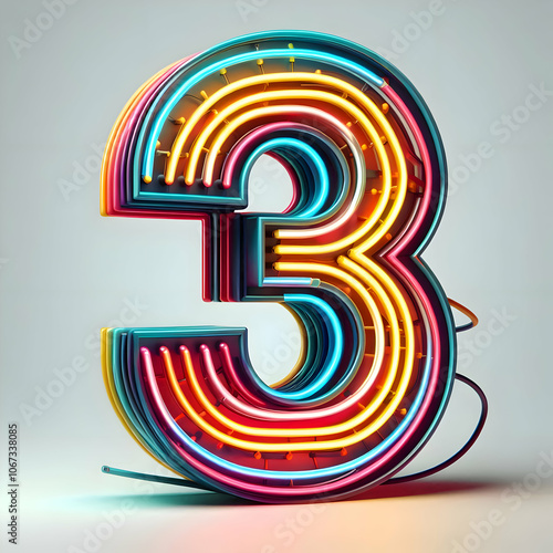 3d colorful neon number 3 isolated on white background