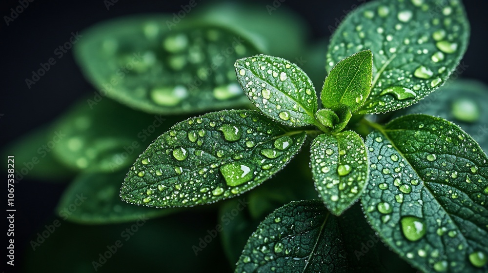 Close-up of fresh green leaves with water droplets. Close-up of fresh green leaves with water droplets.