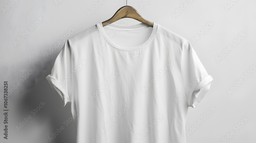 A plain white t-shirt hanging on a wooden hanger against a simple background. A plain white t-shirt hanging on a wooden hanger against a simple background.