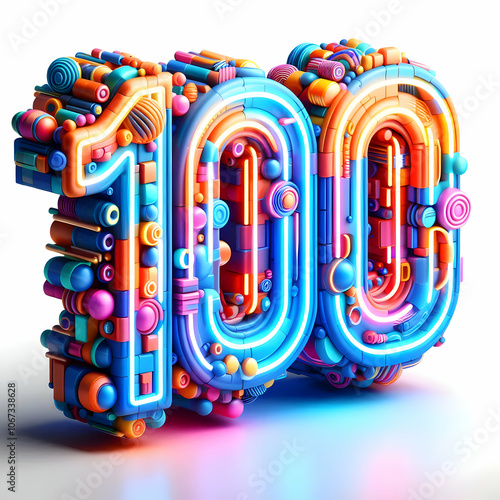 3d colorful neon number 100 isolated photo