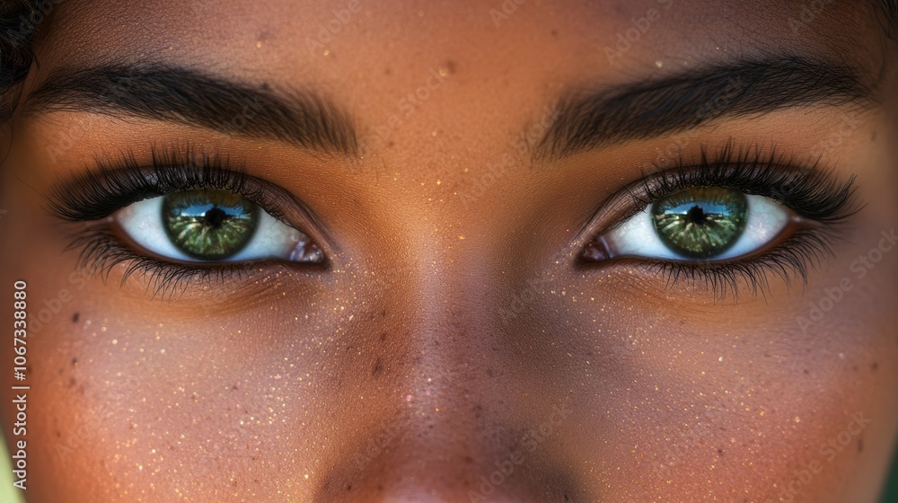 Close-up of striking green eyes with reflective detail and natural glowing skin, emphasizing beauty, makeup, and texture. Close-up of striking green eyes with reflective detail and natural glowing skin, emphasizing beauty, makeup, and texture.