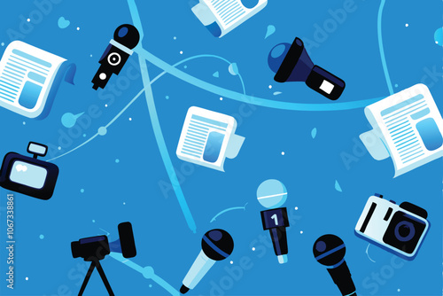 A modern, minimalist vector background featuring various microphones, audio equipment, and news headlines, emphasizing the dynamic nature of journalism.