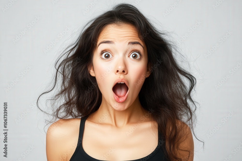 Wide-Eyed Surprise: A woman with long, dark hair and wide, expressive eyes stares in shock and disbelief, her mouth agape. This captivating portrait captures a moment of pure surprise. Wide-Eyed Surprise: A woman with long, dark hair and wide, expressive eyes stares in shock and disbelief, her mouth agape. This captivating portrait captures a moment of pure surprise.