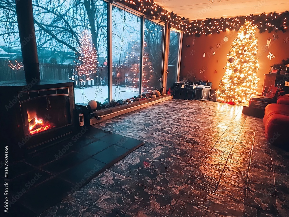 Cozy living room with a fireplace, decorated Christmas tree, and festive lights. Cozy living room with a fireplace, decorated Christmas tree, and festive lights.