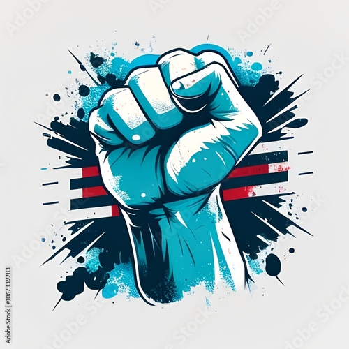 Dynamic and vibrant artwork features a powerful, clenched fist in the center, symbolizing strength, unity, and resistance. Fist punching the air