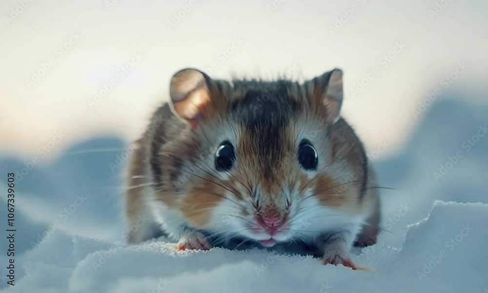 A close-up of a cute hamster in the snow. A close-up of a cute hamster in the snow.