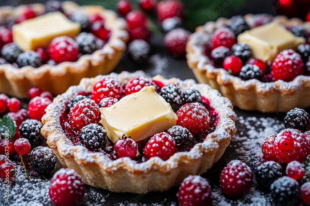 Delicious berry tarts with butter in a cozy kitchen setting Delicious berry tarts with butter in a cozy kitchen setting