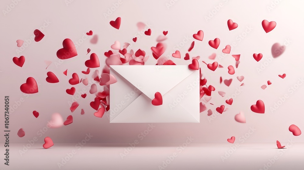 White Envelope with Red Hearts Spilling Out, Perfect for Valentine's Day White Envelope with Red Hearts Spilling Out, Perfect for Valentine's Day