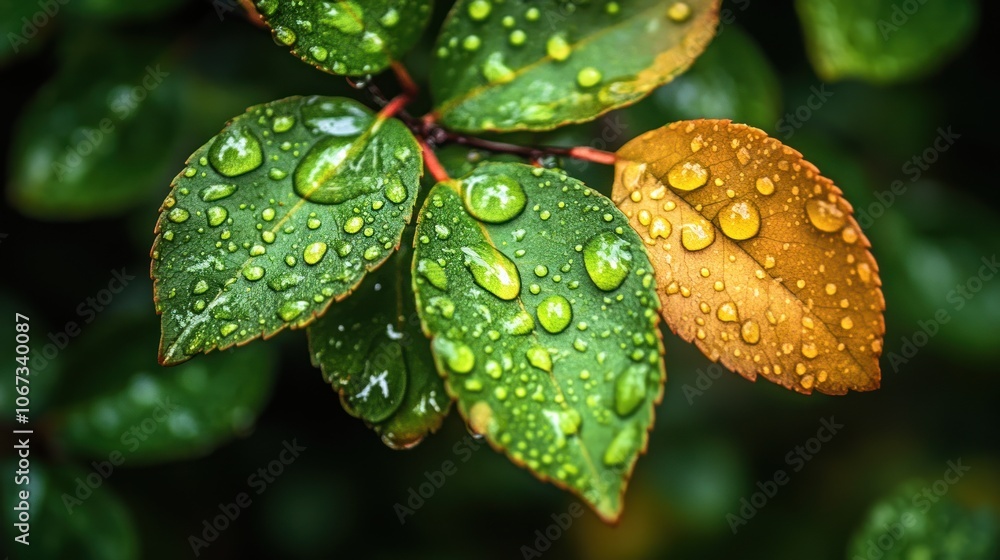Raindrops on Green and Yellow Leaves Raindrops on Green and Yellow Leaves