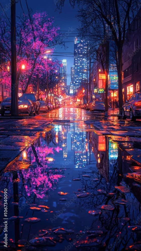 Naklejka premium Urban Reflection, a vibrant puddle mirrors city lights, enhancing the enchanting atmosphere of an evening sidewalk scene
