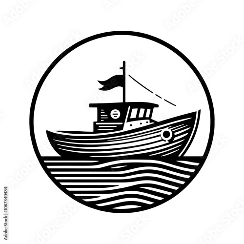 boat ship Tribal art style engraved vintage design vector