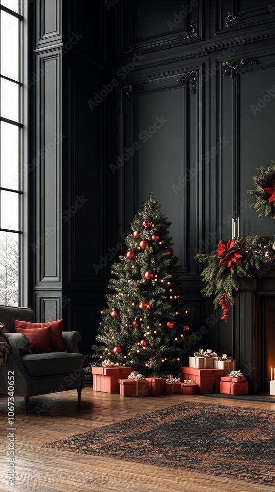 Cozy Christmas living room with decorated tree, presents, and fireplace Cozy Christmas living room with decorated tree, presents, and fireplace