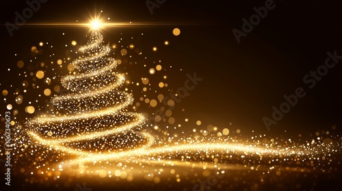 Artistic Christmas tree banner with glowing lights, golden sparkles, and festive holiday atmosphere photo