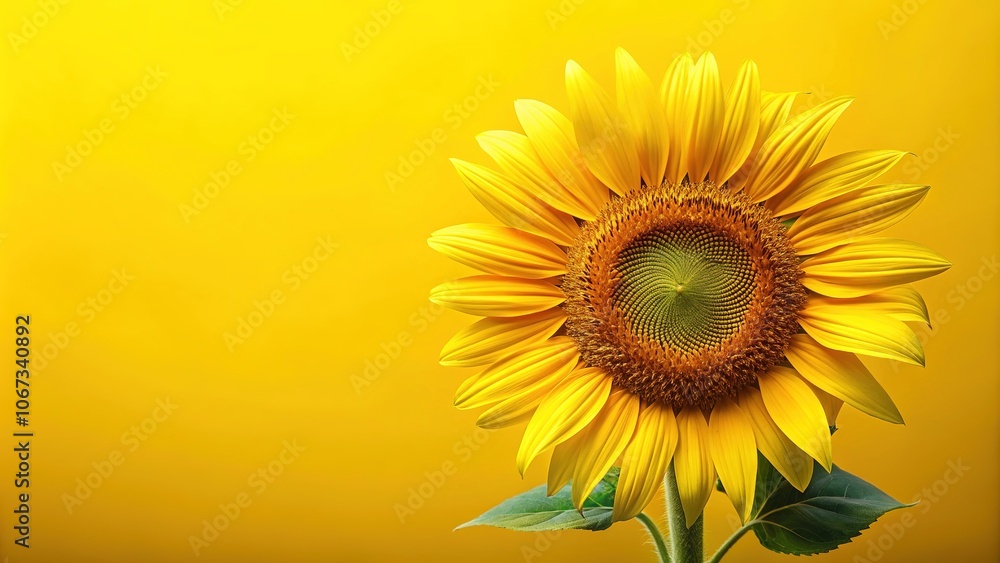 Obraz premium A radiant sunflower against a cheerful yellow background, offering space for custom text or designs. Perfect for summer and nature-themed creative endeavors. Let your ideas shine!