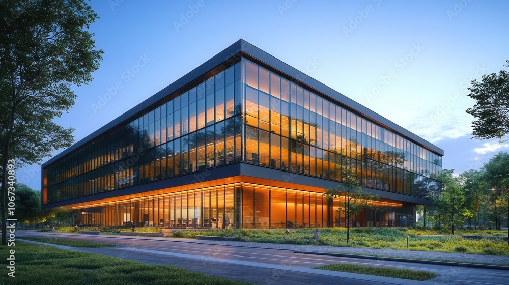 sleek modern office building reflects sunlight on its glass facade surrounded by lush green trees under a clear blue sky emphasizing a sustainable business concept and harmony with nature sleek modern office building reflects sunlight on its glass facade surrounded by lush green trees under a clear blue sky emphasizing a sustainable business concept and harmony with nature