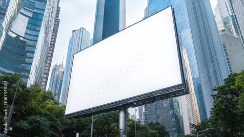 A large blank billboard in Times Square, New York City, surrounded by towering skyscrapers, offering a prime location for advertising.