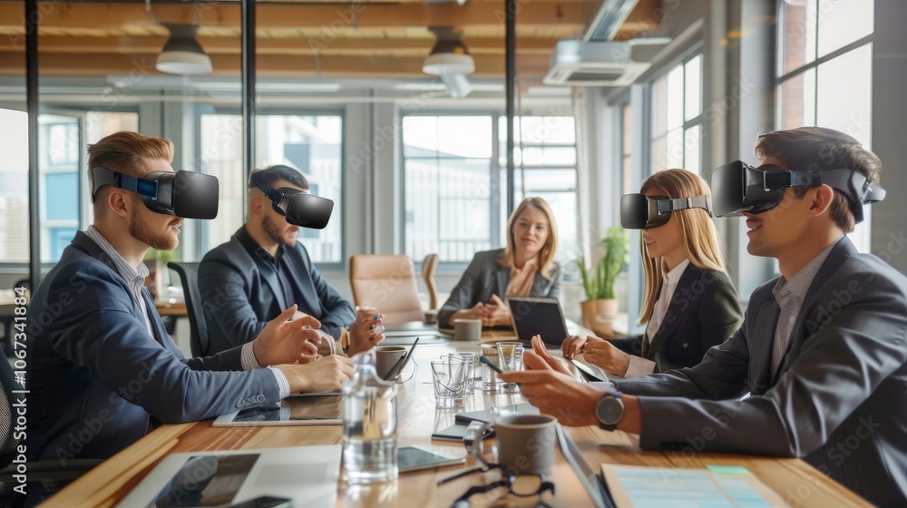 An office space where employees use augmented reality for virtual meetings and collaborative projects An office space where employees use augmented reality for virtual meetings and collaborative projects