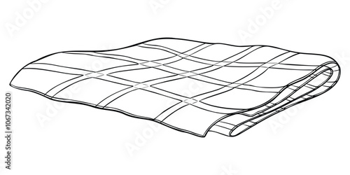 Folded cloth vector illustration. Drawing of checkered blanket or plaid painted in line art style by black inks on isolated background. outline etching of tablecloth. Monochrome engraving.