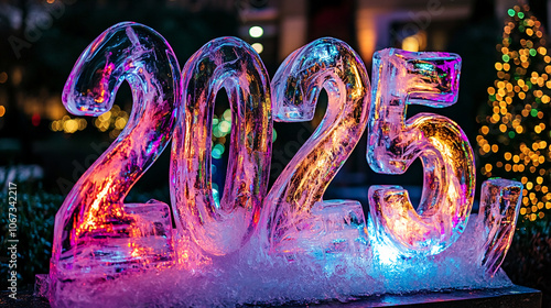 Illuminated ice sculptures spell out 2025 at a New Year's Eve celebration photo