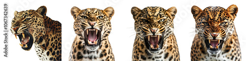 Set of a snarling leopard, isolated on a transparent background.