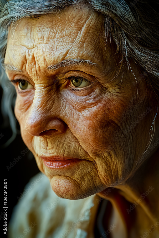 A woman with a wrinkled face and a blue eye A woman with a wrinkled face and a blue eye