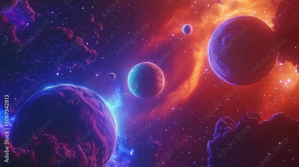 Colorful Planets and Stars in Deep Space with Multiple Moons. Epic Cosmic Scene with Nebula and Glowing Light Effects Colorful Planets and Stars in Deep Space with Multiple Moons. Epic Cosmic Scene with Nebula and Glowing Light Effects