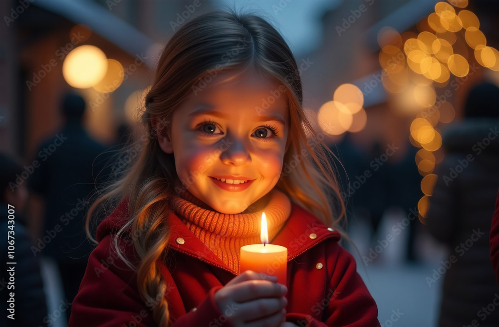 Cute little girl in red coat holding burning candle on christmas market Cute little girl in red coat holding burning candle on christmas market