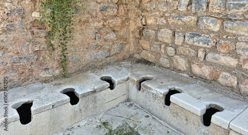 Toilet seats in public latrines remain in Ephesus Ruins, Turkey