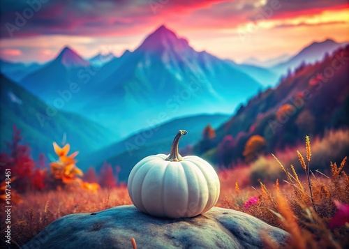 A vintage white pumpkin, a stark contrast against blupink mountains. photo