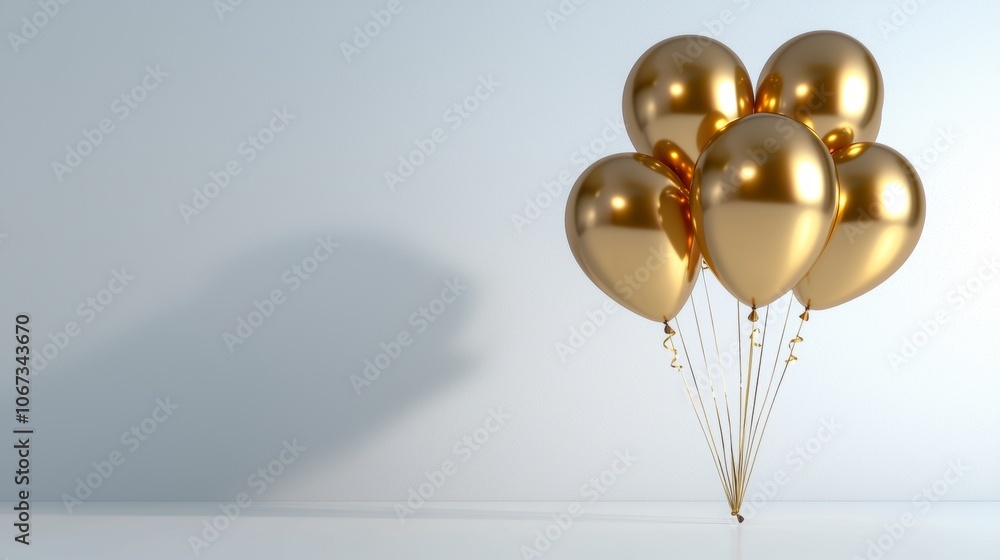 A cluster of shiny golden balloons tied together, casting a soft shadow on a light background, evoking celebration and joy. A cluster of shiny golden balloons tied together, casting a soft shadow on a light background, evoking celebration and joy.
