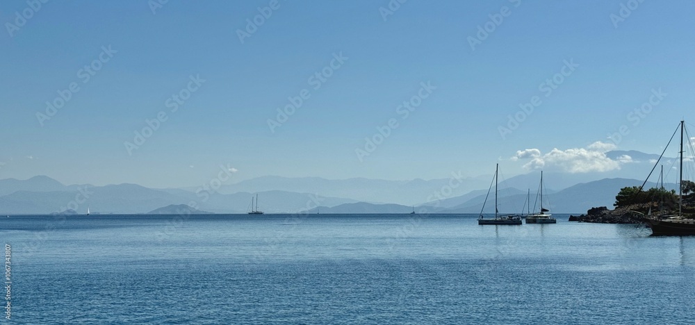 Beautiful landscape of Fethiye Gulf with sailing boats in Turkey