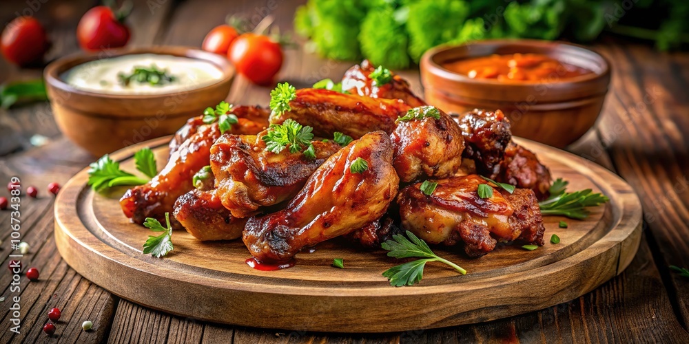 BBQ Chicken Wings, Bokeh, Wooden Board, Gourmet Food Photography BBQ Chicken Wings, Bokeh, Wooden Board, Gourmet Food Photography