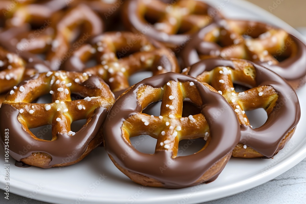 A plate of chocolate-dipped pretzels sprinkled with salt, ideal for snacking or dessert. A plate of chocolate-dipped pretzels sprinkled with salt, ideal for snacking or dessert.