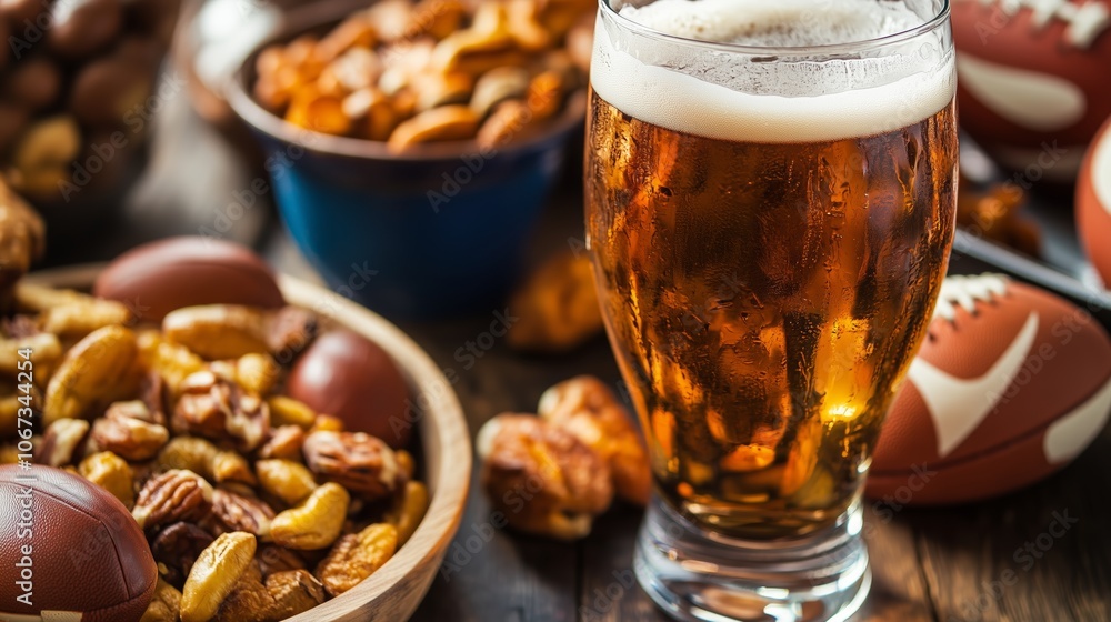 Delicious snacks and a cold beverage set for game day celebration at home Delicious snacks and a cold beverage set for game day celebration at home