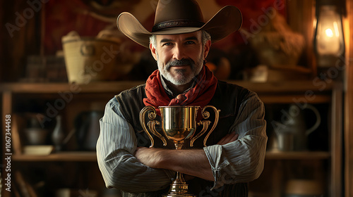 Cowboy holding a trophy, vintage western setting, rugged appearance. photo