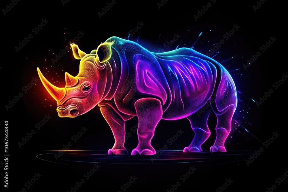 Fototapeta premium Neon Rhino on Black Surface
