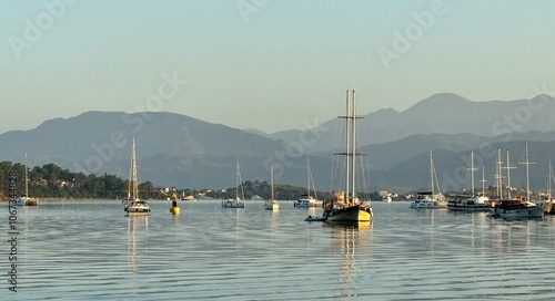 Sunrise at Fethiye Harbor with boats and yachts in Turkey