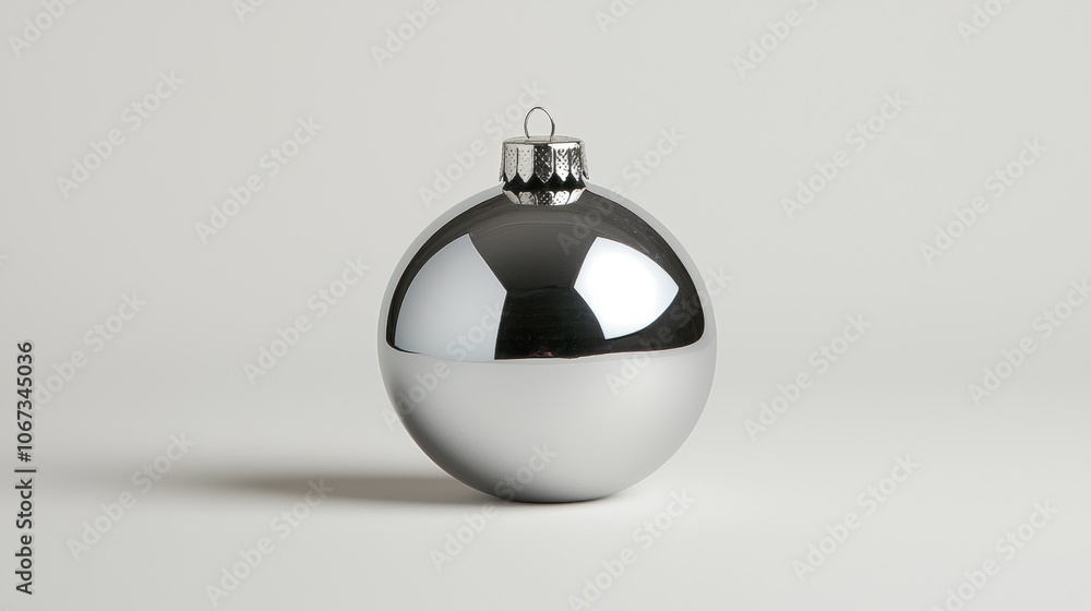 A shiny, chrome Christmas ornament rests on a light-colored surface, reflecting its surroundings in a simple, festive display. A shiny, chrome Christmas ornament rests on a light-colored surface, reflecting its surroundings in a simple, festive display.