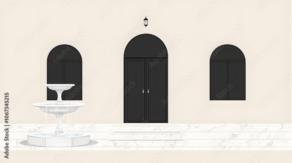 Fototapeta premium 20241105215903list 7 Fountain of Blessings :mosque illustration. A marble fountain graces the mosque courtyard. Water flows gently, symbolizing purification and renewal. 