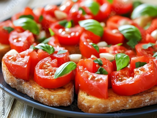 A plate of bruschetta topped with fresh tomatoes and basil.