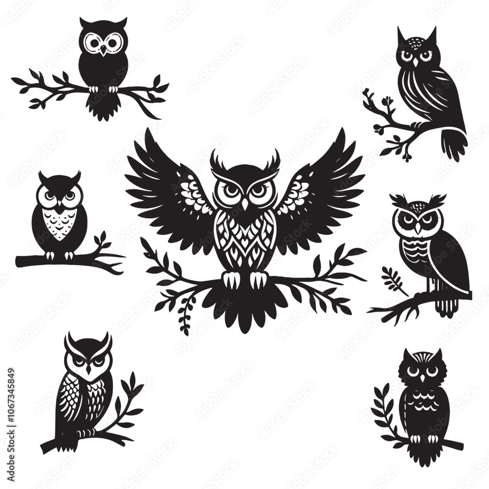 Owl bundle silhouette vector on white background Owl bundle silhouette vector on white background
