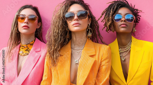 Three stylish women wearing colorful blazers and sunglasses pose confidently in front of a bright pink backdrop on a sunny day